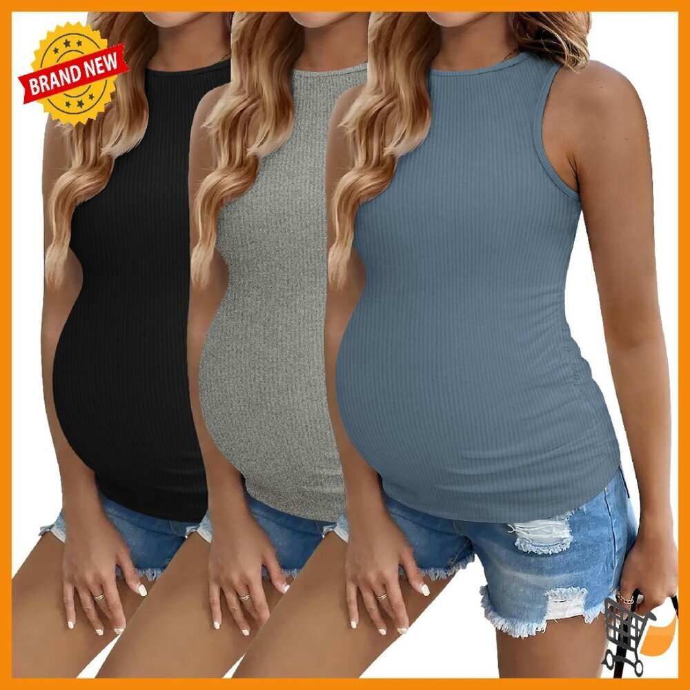Maternity Tank Tops 3-Pack Ribbed Crew Neck Slim Fit Pregnancy Shirts